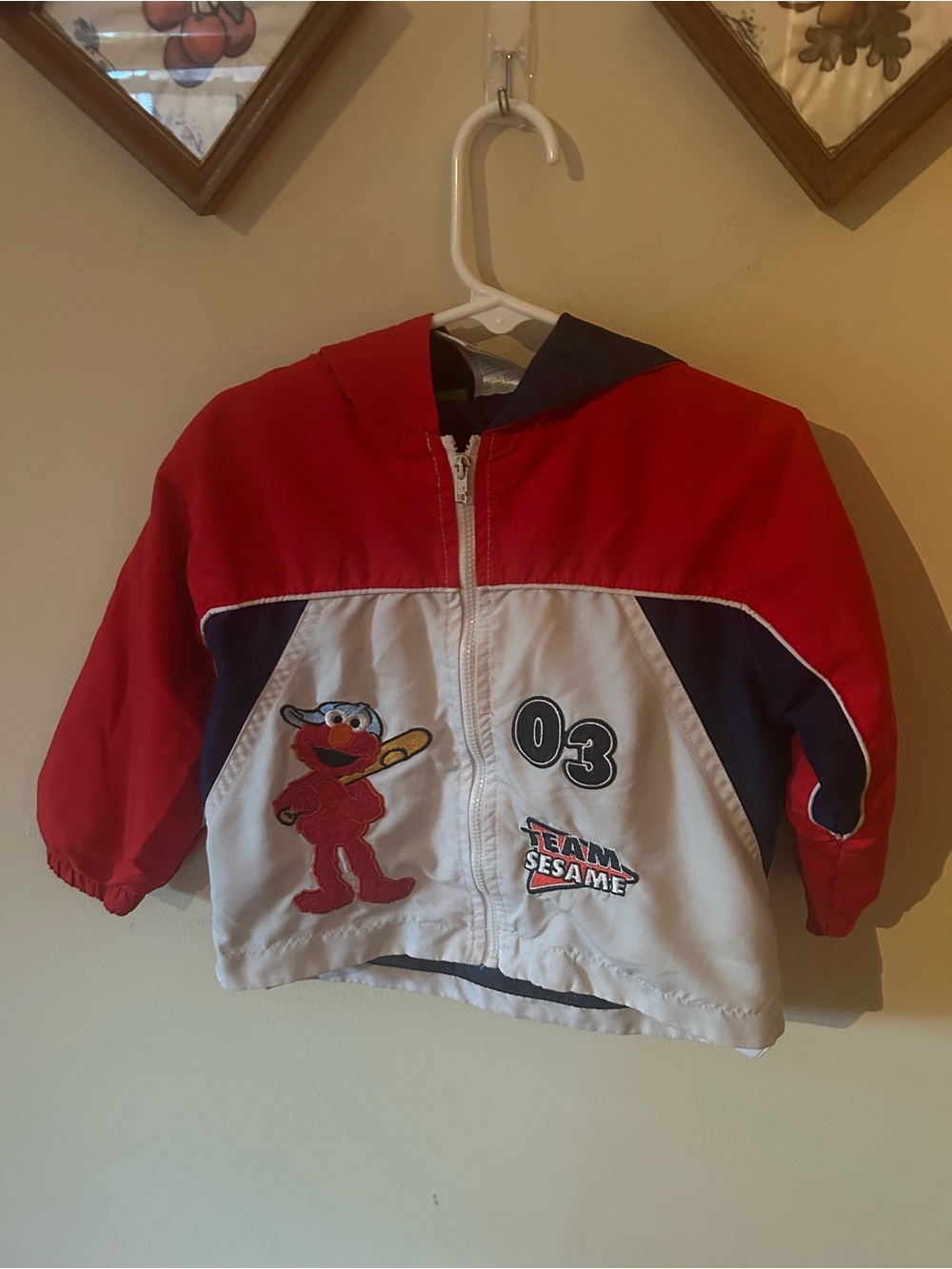 2000s Sesame Street Elmo Baseball Zip Up Windbreaker Jacket w Hood
